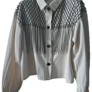 UNIQUE Women's White Jean Jacket with Fringe Detail EC size S fits S and M
